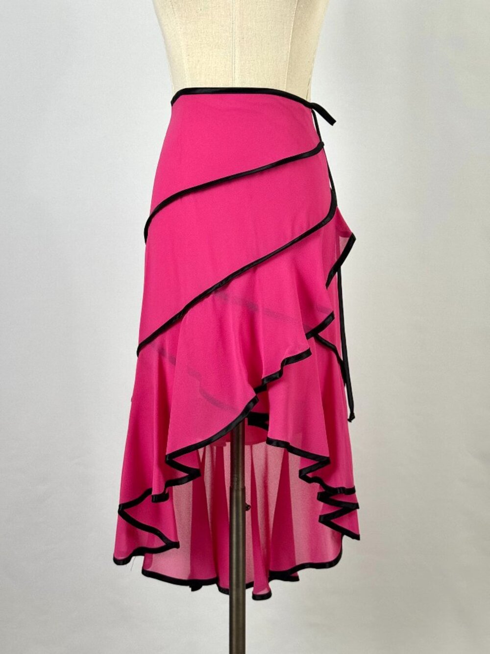 Vtg Y2K Mystic Hot Pink Chiffon Flamenco Skirt Asymmetrical Ruffle Elle Woods